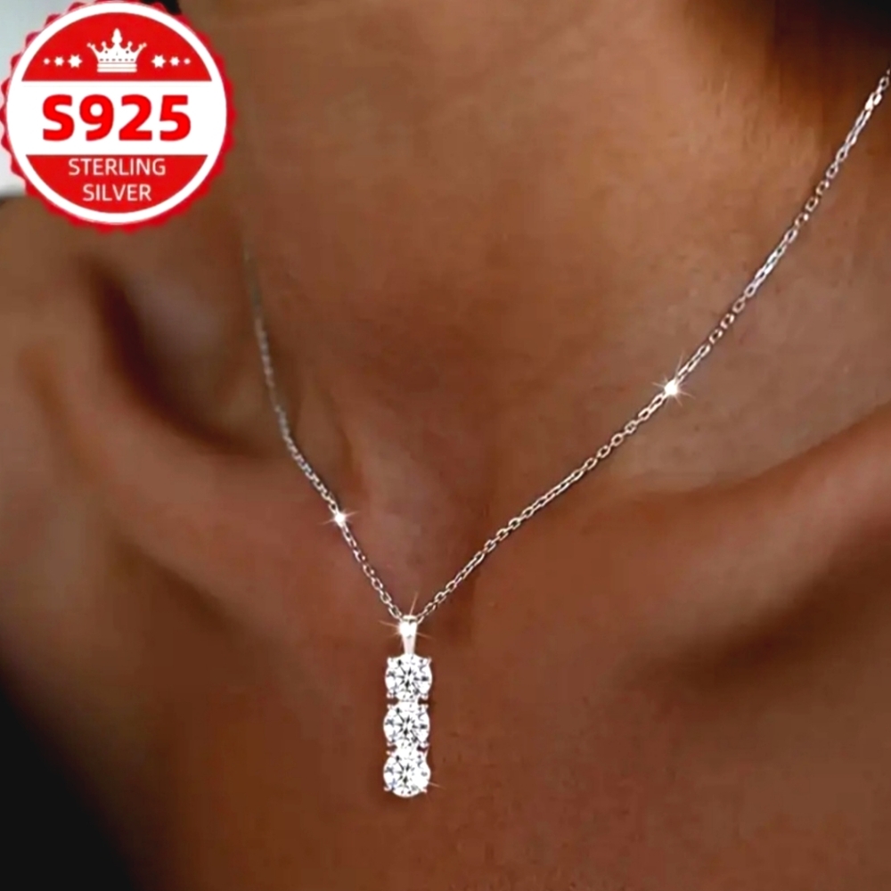 925 Sterling Silvery Vertical Three Pendants Necklace - Sparkling Bling Style
